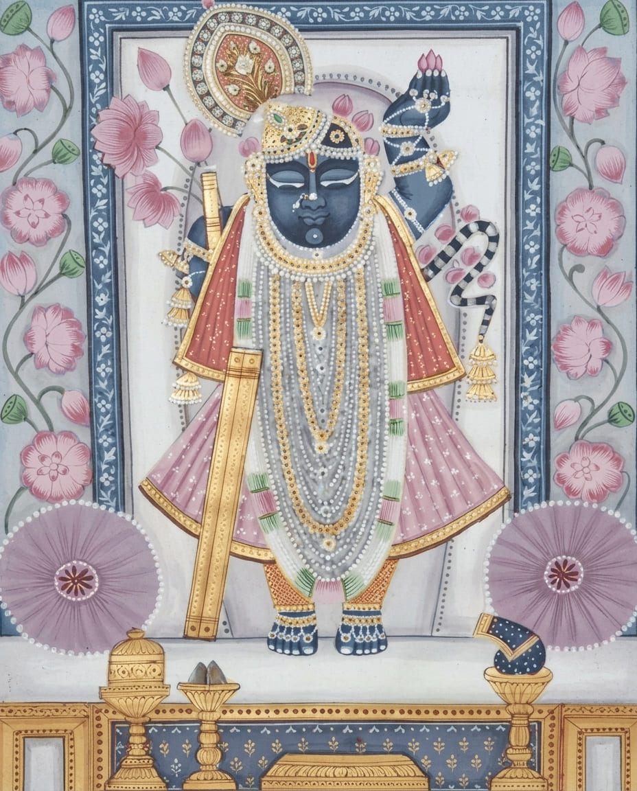 Pichwai Painting of Shrinathji with Pink Floral Background